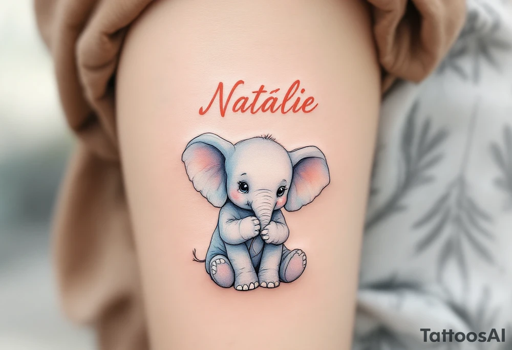 Delicate outline of a baby elephant holding a balloon with name Natálie – 22.10.2023 v 5:15 in pastel peach script. tattoo idea