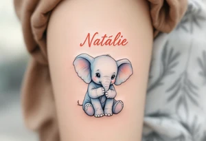 Delicate outline of a baby elephant holding a balloon with name Natálie – 22.10.2023 v 5:15 in pastel peach script. tattoo idea