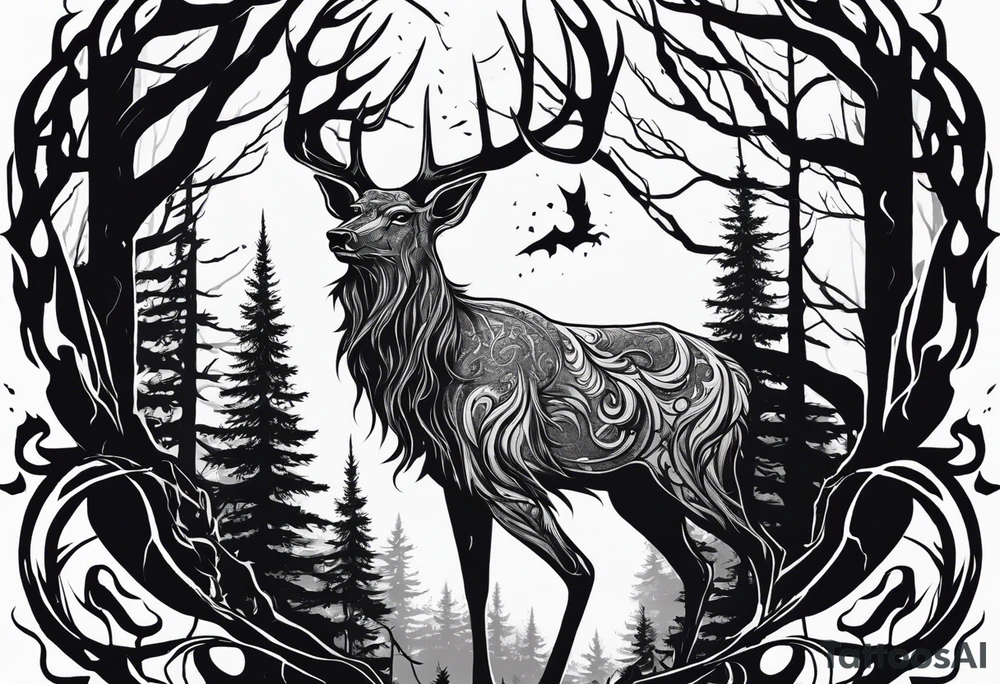 A spooky decaying lore accurate wendigo surrounded by a forest fire in background tattoo idea