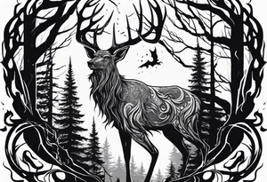 A spooky decaying lore accurate wendigo surrounded by a forest fire in background tattoo idea