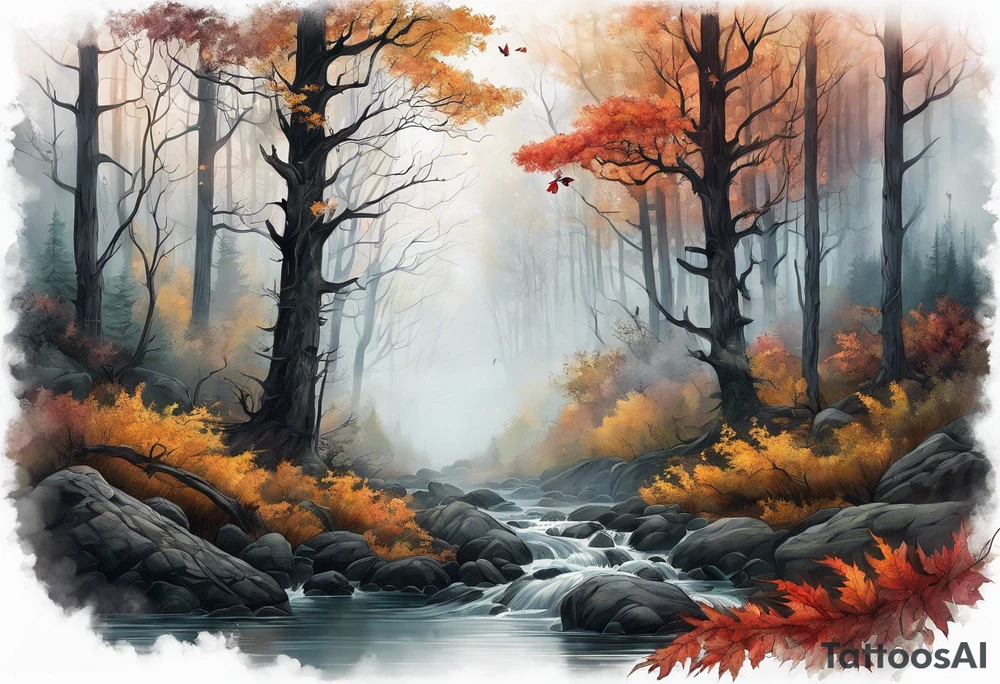 A foggy forest in the middle of fall tattoo idea