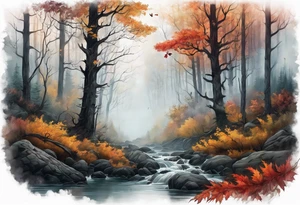 A foggy forest in the middle of fall tattoo idea