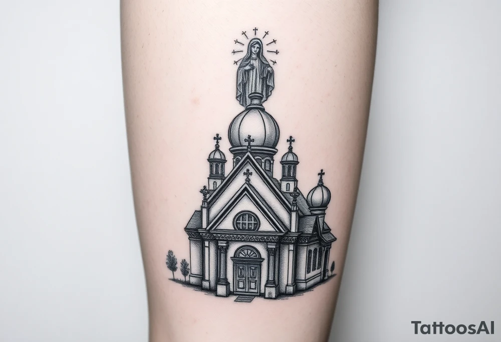 in a dorsal view a detailed orthodox church with a band at the front shrouded with a mist above and fading into a virgin mary overlooking above at the top tattoo idea