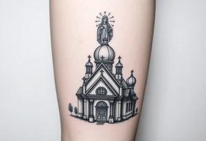 in a dorsal view a detailed orthodox church with a band at the front shrouded with a mist above and fading into a virgin mary overlooking above at the top tattoo idea