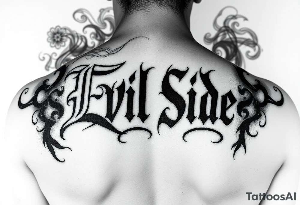 powerful bold cover up saying Evil Side black and with shading and dark smoke around it gangsta writing old english tattoo idea