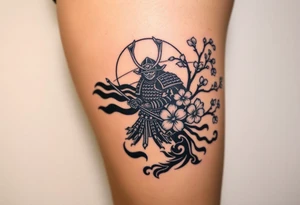 noble samurai warrior silhouette at sunset with cherry blossoms tattoo idea