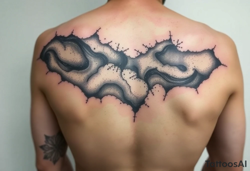 Beautiful and epic 3d milky way that appears to be what is beneath the skin. Make it drape over the shoulder and move to the middle back. use negative spaces to create stars and dust. Incorporate God breathing life into the universe. Keep it symmetrical tattoo idea