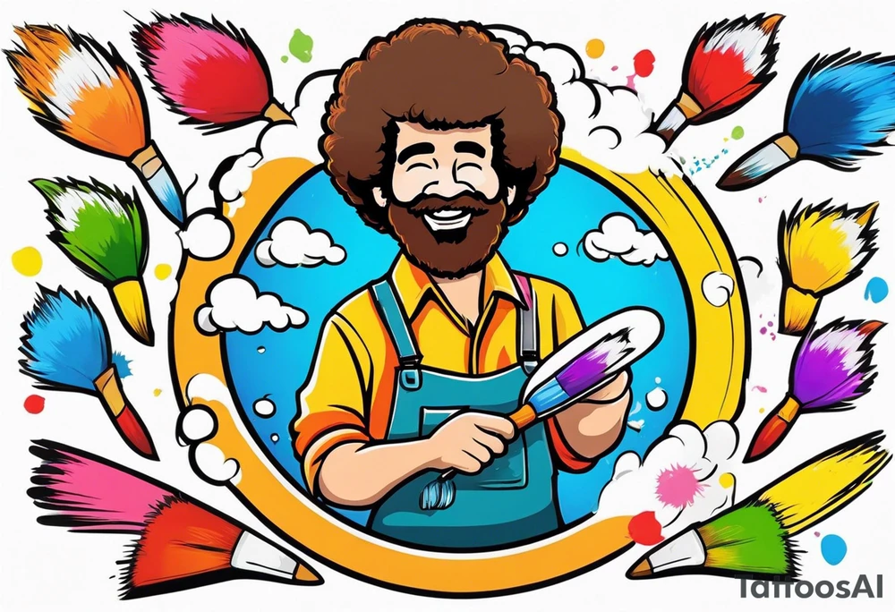 Bob Ross with a paint brush in one hand, paint palette in the other hand. tattoo idea