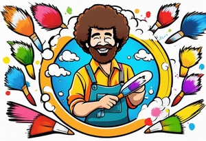 Bob Ross with a paint brush in one hand, paint palette in the other hand. tattoo idea