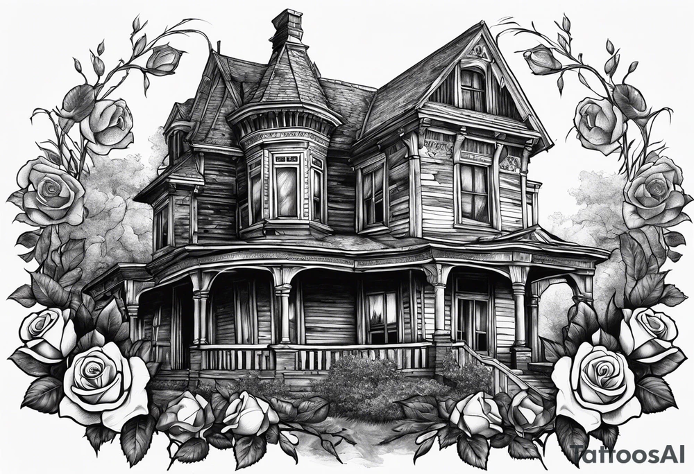 abandoned old house, broken sword, roses tattoo idea
