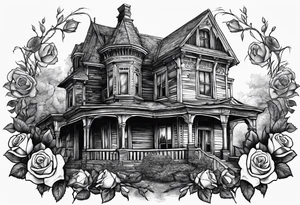 abandoned old house, broken sword, roses tattoo idea