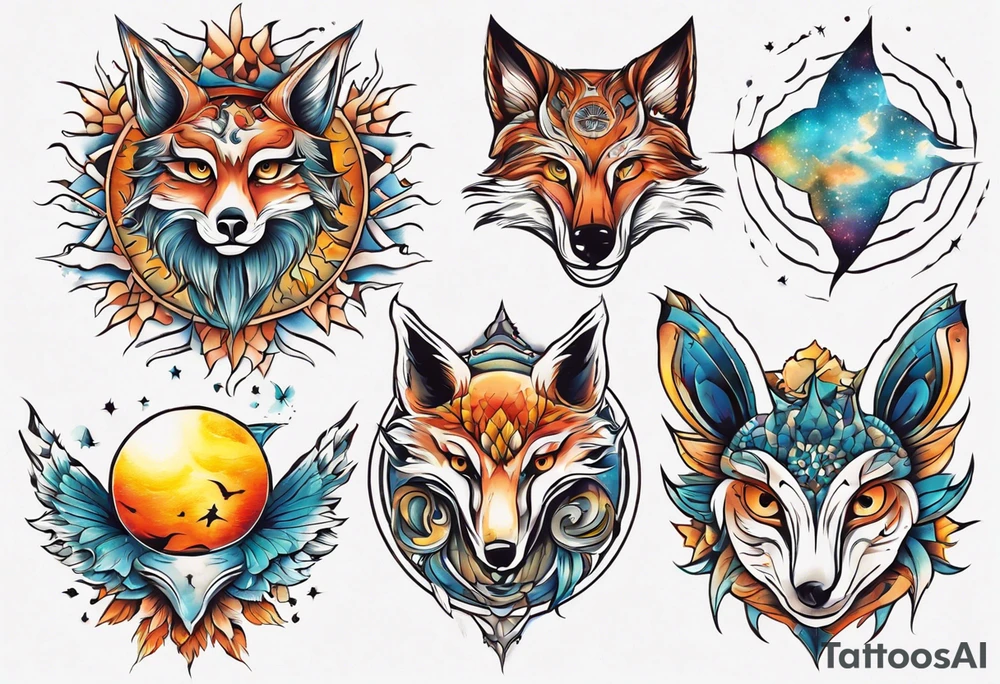 fisch, fuchs und eule , symetrie  sonne, universum, bunt tattoo idea