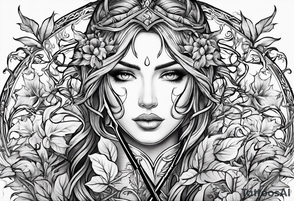 Leafy vines with sword tattoo idea