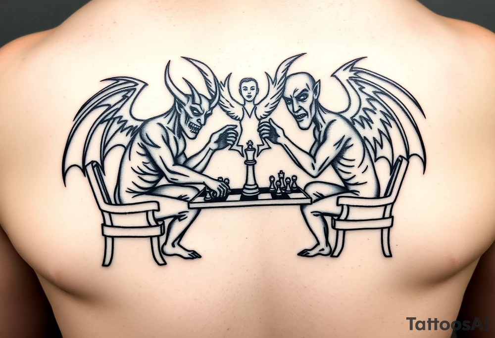 devil and angel playing chess in black. Make them seem like people and not animals. Sitting on chairs with an angel watching tattoo idea