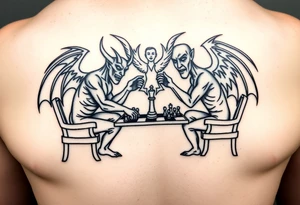 devil and angel playing chess in black. Make them seem like people and not animals. Sitting on chairs with an angel watching tattoo idea