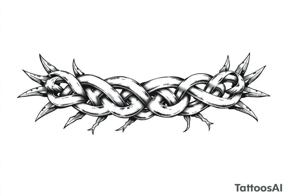 A Celtic knot armband with interwoven loops, featuring pointed ends that give it a dynamic, thorned or blade-like appearance that incorporates nature through roots Designed to wrap around the arm like a torc or tribal band tattoo idea