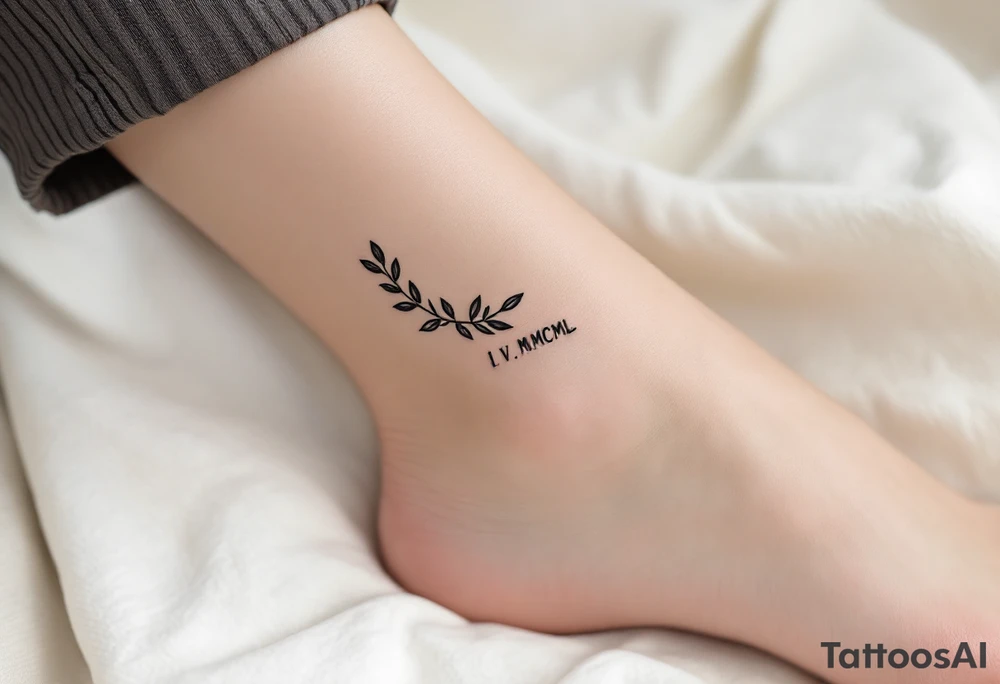 Tiny I.V.MCML on the ankle in black, paired with grayscale olive branches extending around the leg tattoo idea