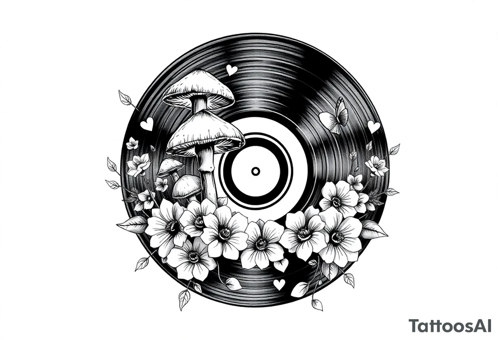 vinyl record with mushrooms, flowers, hearts, and music notes tattoo idea