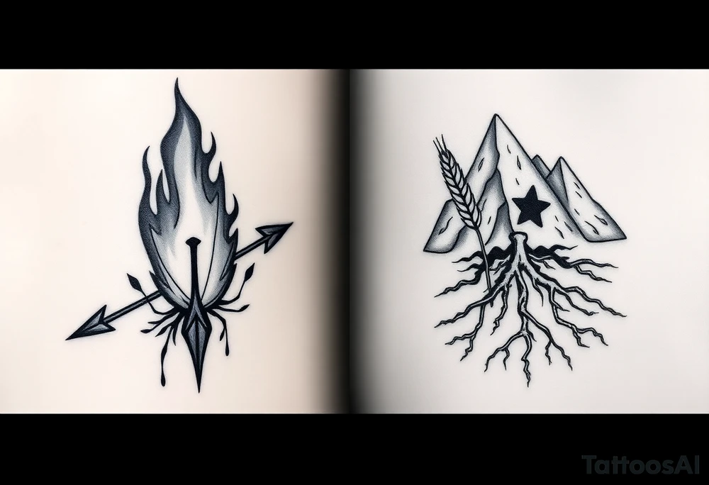Your tattoo: A roaring flame with a graffiti-style arrow (representing the Sagittarian archer) piercing through it. The arrow's fletching can subtly integrate your initial 'J' in a fluid script. The flame can be rendered in black and grey for a hardcore look, with just a hint of red or orange smoldering in the embers.
His tattoo: The cracked earth or a mountain range with roots, rendered in a bold, blackwork style. A detailed, minimalist ear of wheat (Virgo's symbol) grows from the cracks, and the root system below can be shaped to form his initial 'T.'
Connection: When you stand side-by-side, the flame and cracked earth meet, symbolizing the intensity and stability of your bond. The date "7.27.25" can be tattooed in a small, hidden numerical code, perhaps disguised within the arrow's grip or the mountain's cracks. tattoo idea