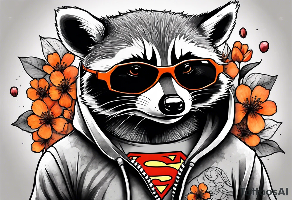 raccoon wearing a black and white Superman hoodie and orange Japanese cherry blossoms tattoo idea