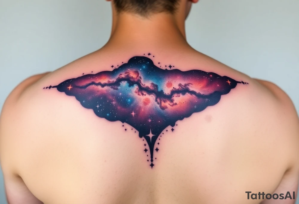 Beautiful and epic 3d milky way that appears to be what is beneath the skin. Make it drape over the shoulder and move to the middle back. use negative spaces to create stars and dust. Incorporate God breathing life into the universe. Keep it symmetrical tattoo idea