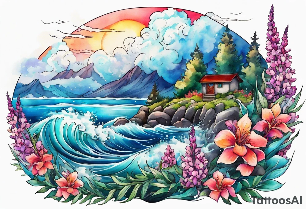 ocean surrounded by lupin and fireweed vines tattoo idea