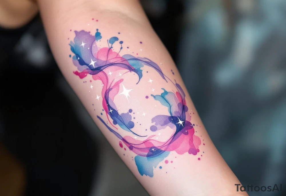 Flowing watercolor splashes in pink, blue, and lavender wrap around a white-ink Libra star constellation. tattoo idea