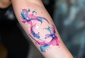 Flowing watercolor splashes in pink, blue, and lavender wrap around a white-ink Libra star constellation. tattoo idea
