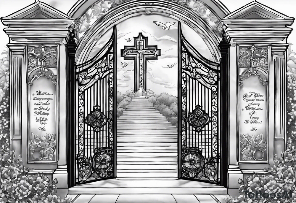 Written:
Mawmaw
07-05-38 / 09-23-24
Grandson and grandma walking up to the gates of heaven with the gates opened shinning bright with a cross and Doves flying around 
Big Busted clock behind it with the time of her death 7:00pm tattoo idea