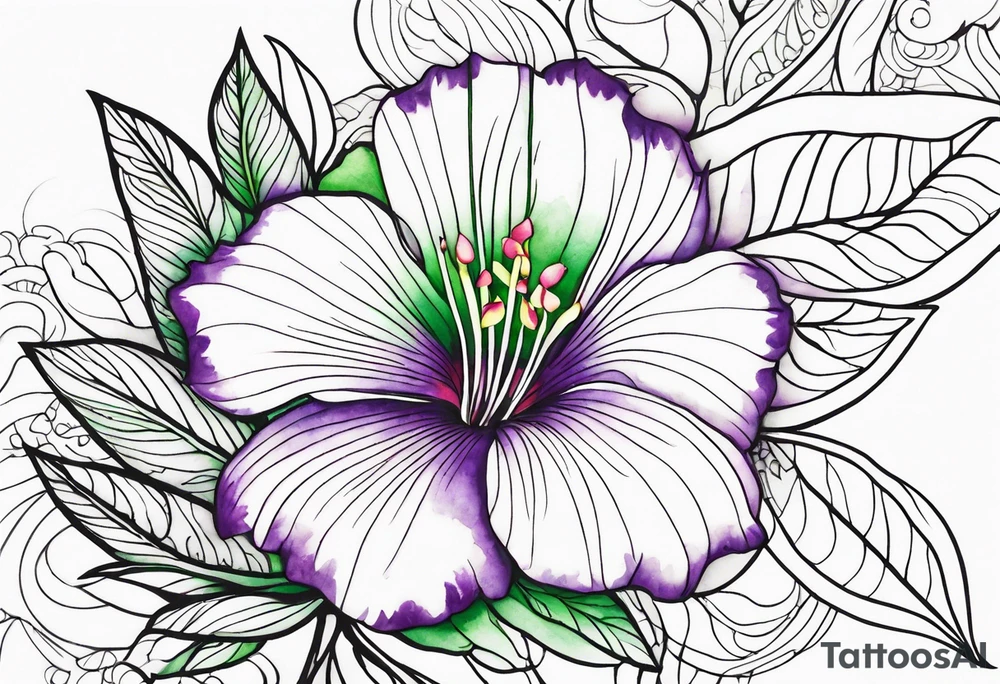 An outline of a rio dipladenia flower with a green and purple watercolor mix in the background tattoo idea