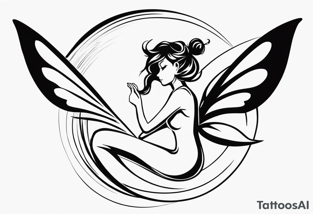 Minimalistic, monochromatic fairy with a tail flying to the left in a fetal position, leaning and looking in the same direction, with visible hands, embodying the 'Fairy Tail' logo aesthetic. tattoo idea