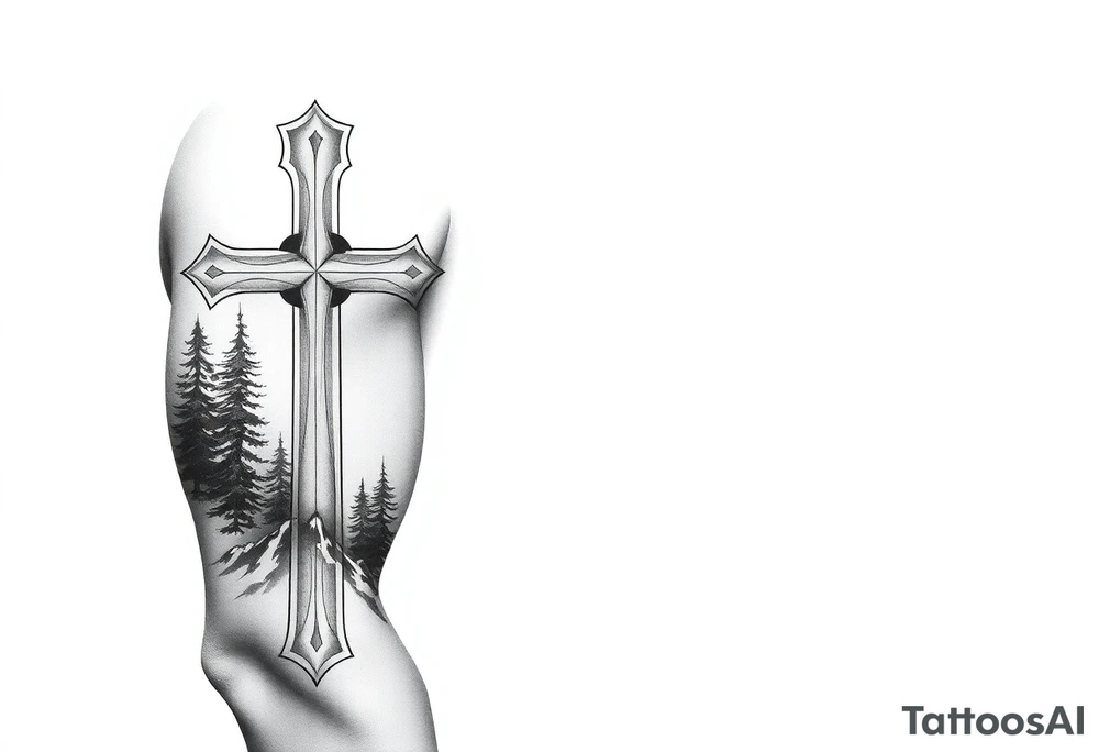 russian christian orthodox cross which is relatively small, with the diagonal line at the bottom with a light forrest with a light mountainous setting tattoo idea