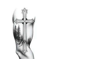 russian christian orthodox cross which is relatively small, with the diagonal line at the bottom with a light forrest with a light mountainous setting tattoo idea
