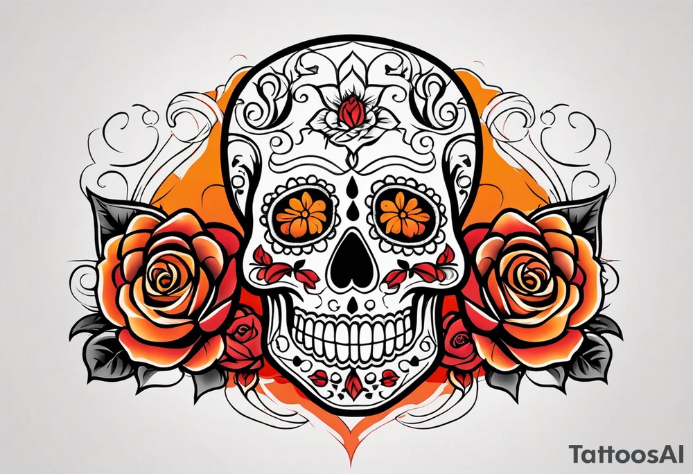 Sugar skull with roses that are orange and red with smoke around it tattoo idea