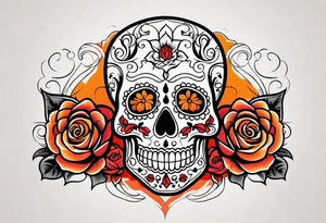 Sugar skull with roses that are orange and red with smoke around it tattoo idea