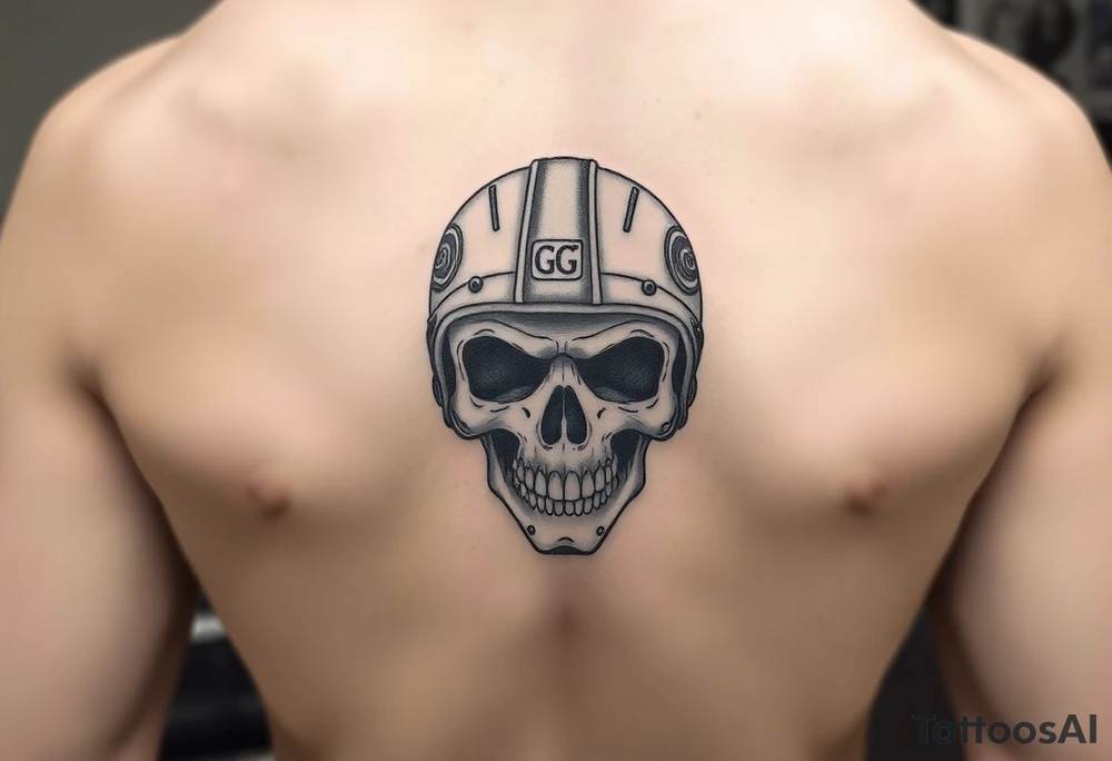 Skull with helmet initials GG tattoo idea