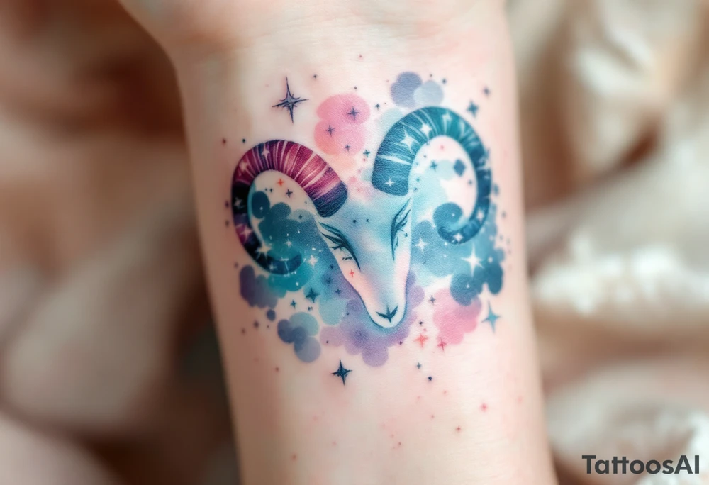 A subtle Aries star constellation map in pastel blues and pinks celebrates the zodiac sign’s cosmic connection with a soft elegance. tattoo idea