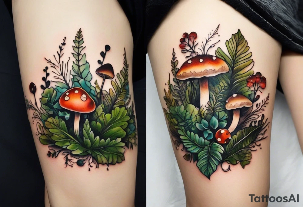 minimalistic forest floor inspired tattoo, which includes grass, moss, curly ferns and dead leaves as the bulk of the tattoo. details to include: forest berries, couple of very small brown mushrooms, a tiny bumblebee flying nearby tattoo idea