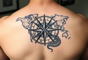 antique compass rose overlaid on weathered world map with sailing ships and a snake tattoo idea