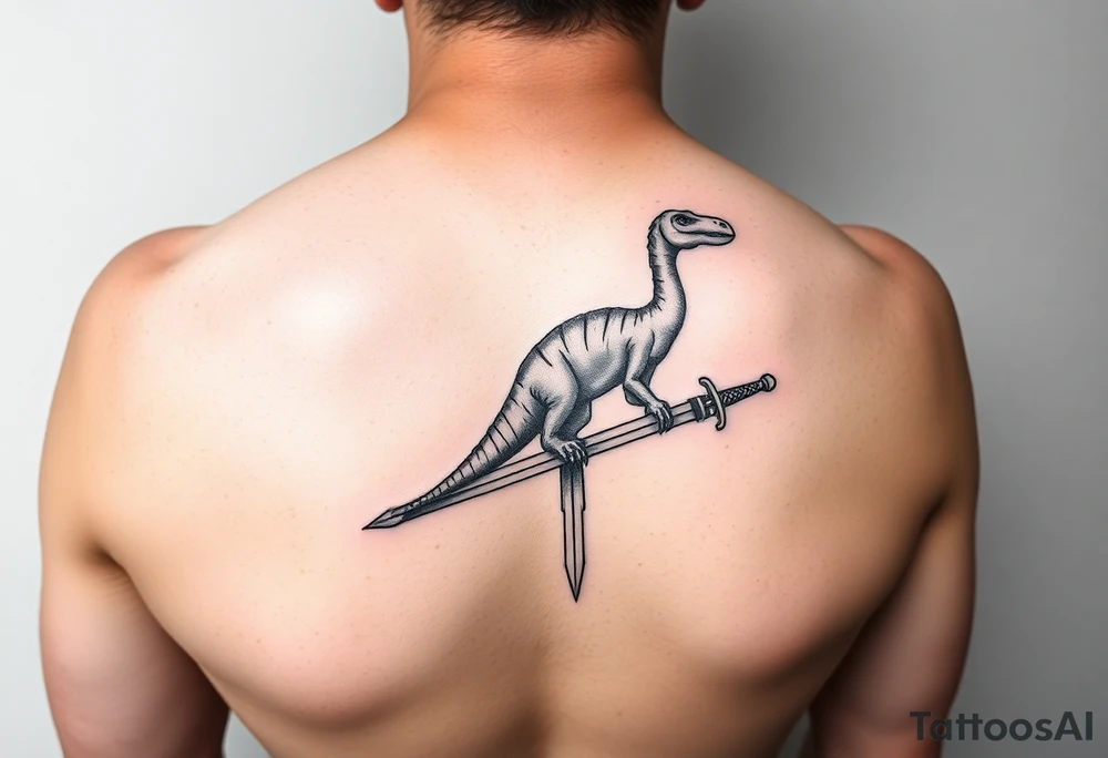 Tattoo on forearm with Brachiosaurus dinosaur on handle bar of a fingolfin sword. tattoo idea