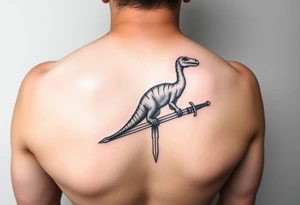 Tattoo on forearm with Brachiosaurus dinosaur on handle bar of a fingolfin sword. tattoo idea