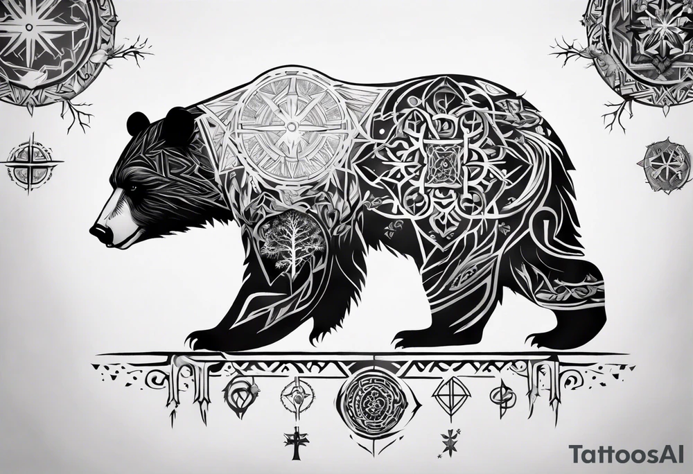 Bear with mandala, White Tree of Gondor, Geometric symbols, Viking cross tattoo idea