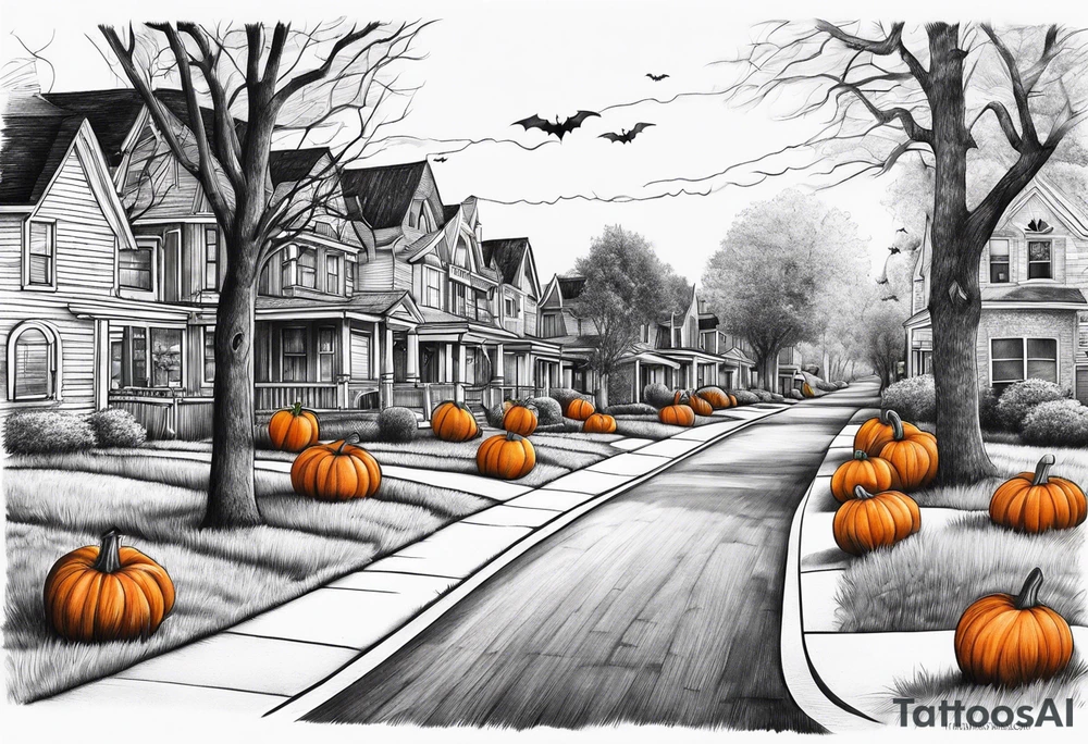 Neighborhood street in fall with Halloween pumpkin tattoo idea