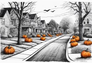 Neighborhood street in fall with Halloween pumpkin tattoo idea