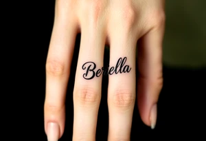 "Briella" in gangster style on hand along thumb tattoo idea