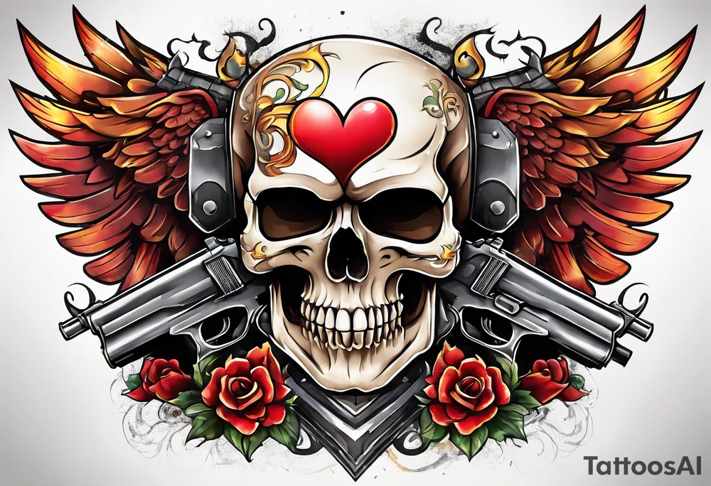 skull with a gun dominated by a  heart with wings and  flames coming out of the top of it tattoo idea