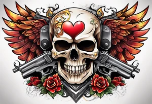 skull with a gun dominated by a  heart with wings and  flames coming out of the top of it tattoo idea