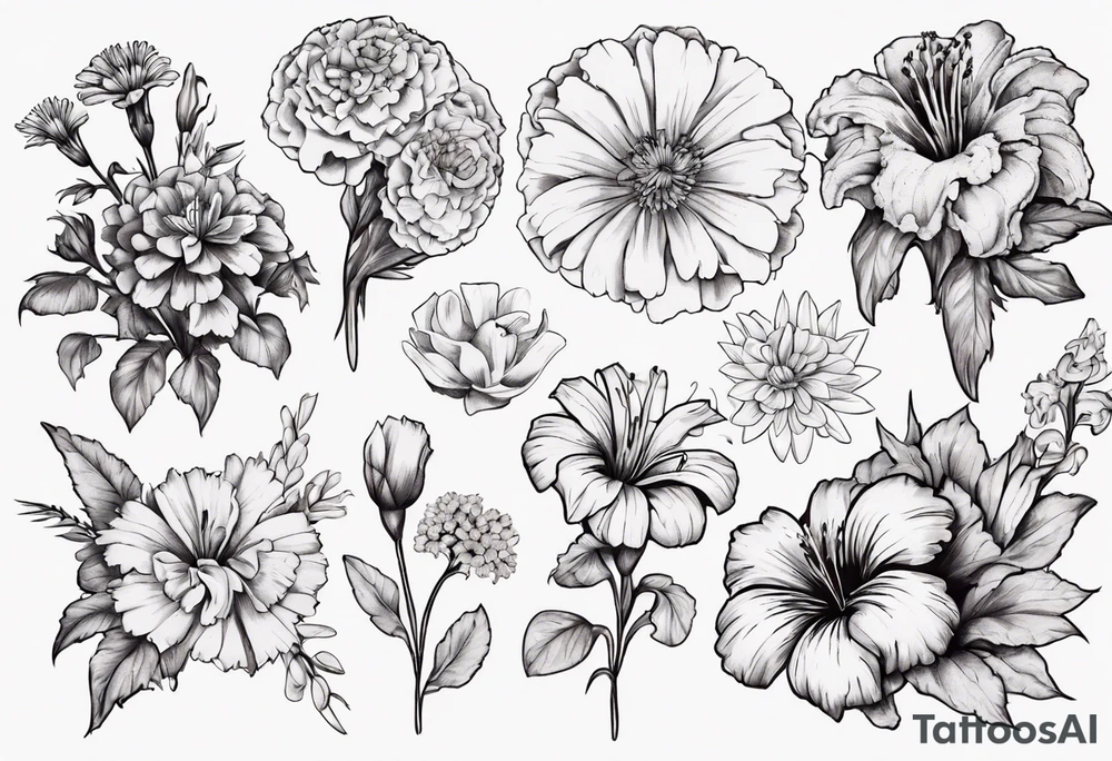 Bouquet of marigolds, lilies, morning glories, asters, violets, and carnations tattoo idea