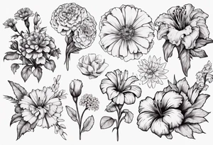 Bouquet of marigolds, lilies, morning glories, asters, violets, and carnations tattoo idea