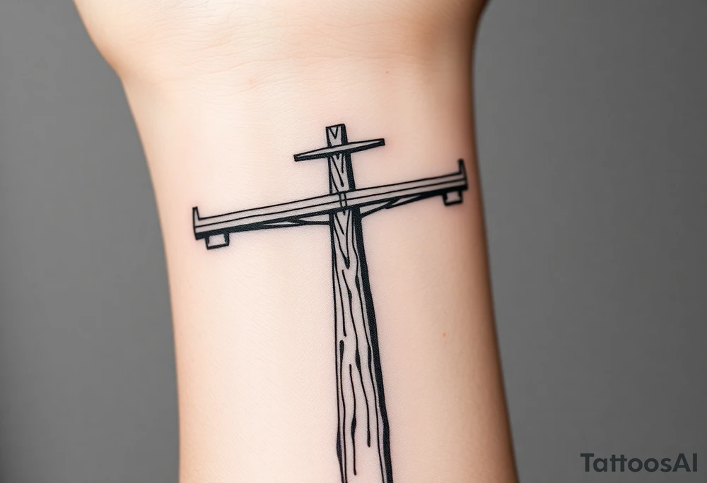 a wooden 12kv distribution pole with electrical lines. Make the pole a cross that has a hidden resemblance to god. tattoo idea